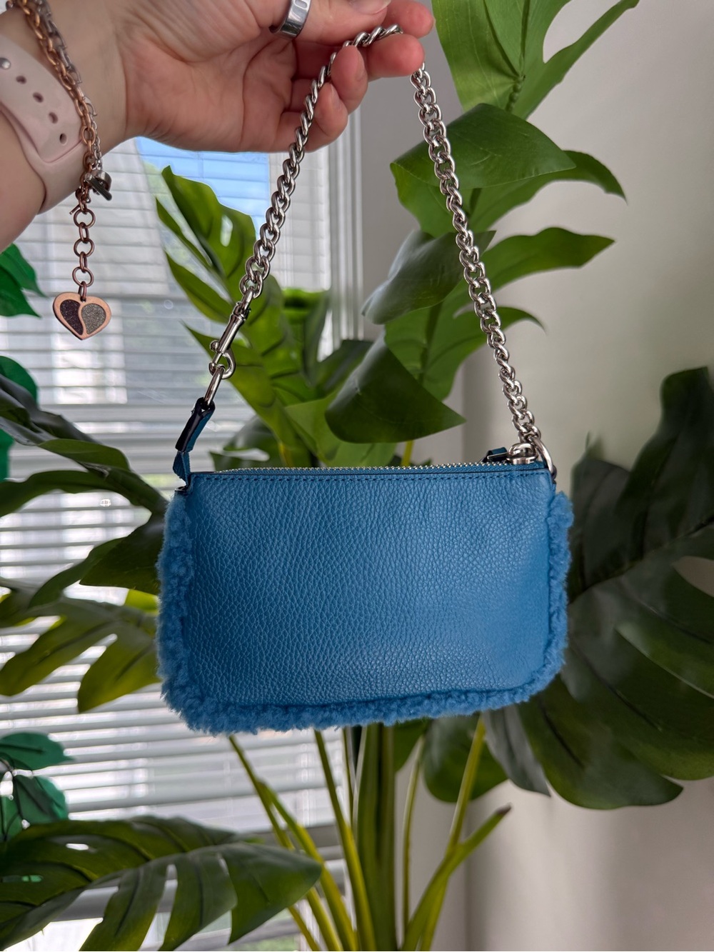 Coach Blue Mini Shearling-Trim Chain Shoulder Bag